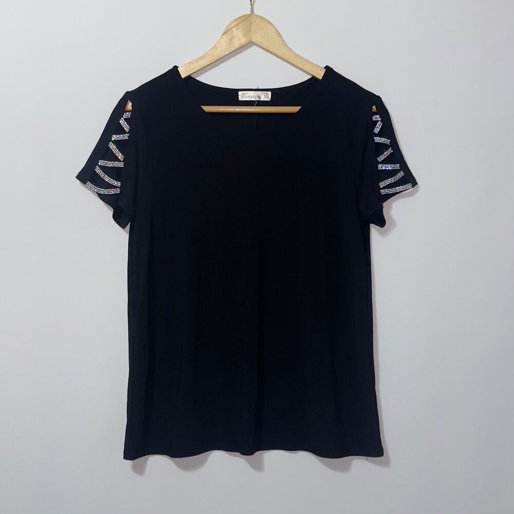 89th + Madison Black Rhinestone Sleeve blouse women’s Size Medium